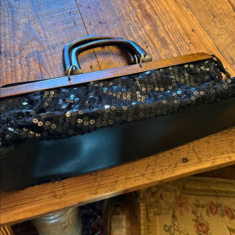 Elegant Black Sequin Clutch. Wooden handles !!!